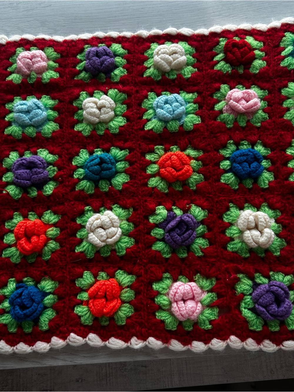 Handmade Crocheted Flower accent furniture cover - Multicolor on Red